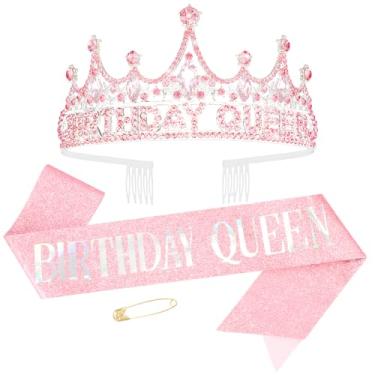 Imagem de AHONEY Coroa de aniversário rosa e faixa de glitter para mulheres, tiara de aniversário para lembrancinhas de festas e decorações, pacote com 2