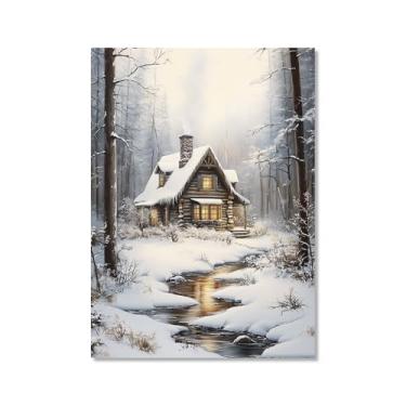 Imagem de Pôster de paisagem de Natal inverno fazenda alce pinhas boneco de neve natureza pintura em tela impressão de parede decoração de sala de estar (SKU2, 20.3x30.5 cm = (20x30 cm), sem moldura)