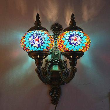 Imagem de Luminária de parede turca de mosaico com 2 braços, arandela marroquina, luminária de parede boêmia de vidro para cabeceira, ideal para sala de estar, quarto, corredor, varanda, café ou bar.