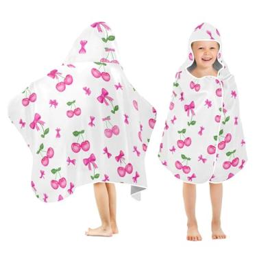 Imagem de Burbuja Toalha de banho com capuz cereja com laço para crianças, toalha de praia de pelúcia macia absorvente para meninas e meninos 3-10 anos, 61 x 127 cm