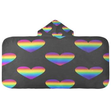 Imagem de Burbuja Toalha de banho com capuz de corações multicoloridos para crianças, toalha de praia de pelúcia macia absorvente para meninas e meninos 3-10 anos, 61 x 127 cm