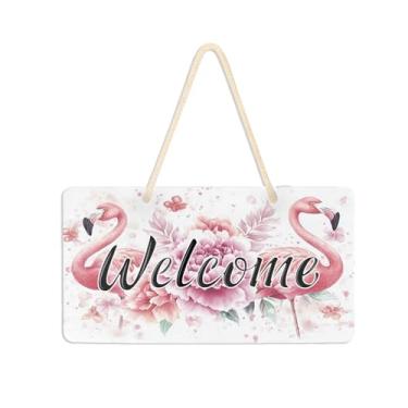 Imagem de Burbuja Placa de boas-vindas peônia flamingos para porta da frente, placa de boas-vindas de PVC para pendurar na parede varanda casa de fazenda, decoração de feriados, 15 x 28 cm