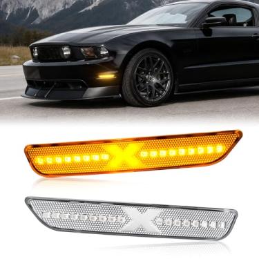 Imagem de 2 peças de luzes laterais de LED dianteiras atualizadas estilo X compatíveis com Ford Mustang 2010-2014, marcadores laterais de para-lama, lentes transparentes, lâmpadas giratórias de LED âmbar