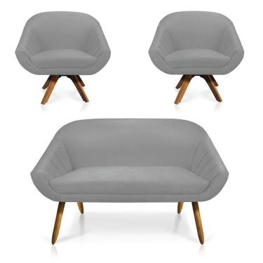 Imagem de Kit 01 Namoradeira 02 Lugares E 02 Poltronas Giratória Giovana Suede Base Madeira Mm30 D'rossi Cinza
