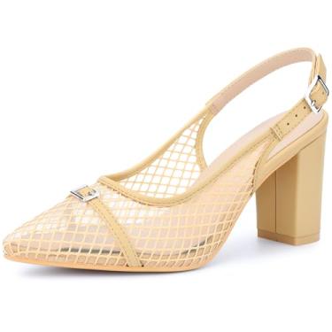 Imagem de Allegra K Sandálias femininas de salto grosso, fivela mental, salto grosso, Bege, 38