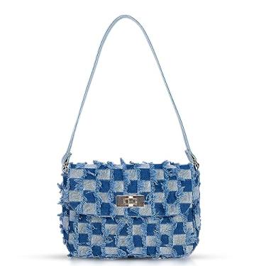 Imagem de Sacola, bolsa de mão macia de tecido jeans, bolsa de ombro quadriculada com borlas, bolsas para mulheres, férias, viagem, correspondência diária (clara) (escura)