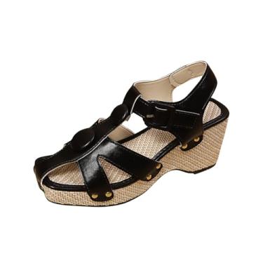 Imagem de Sandálias femininas de bico redondo confortáveis sapatos casuais de praia com salto plataforma de 8 cm para uso feminino de verão, Preto, 36