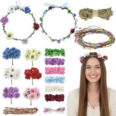 Imagem de Kit de fabricação de coroas de flores faça você mesmo, 136 peças de tiara floral rosa feita à mão, kit de acessórios de cabelo para mulheres, meninas, faça suas próprias atividades artesanais