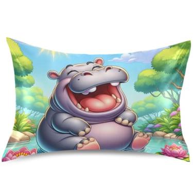 Imagem de Funny Hippo Cute Animal Print Satin Pillow Case King Queen Standard Pillow Slip Cute Cooling Pillow Case para Acne Skin, King Size, 101,6 cm x 50,8 cm