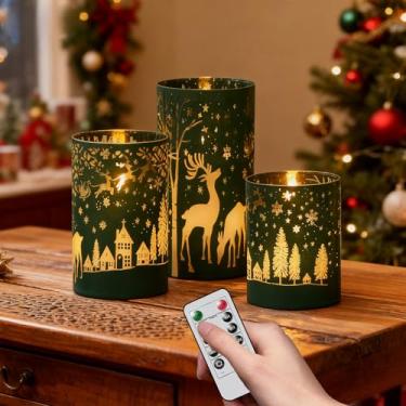 Imagem de DRomance Velas de Natal sem chamas operadas por bateria com controle remoto de 10 teclas e temporizador 3D pavio cintilante galvanizado, velas de LED, decorações de férias internas (verde, 7,6 cm P x