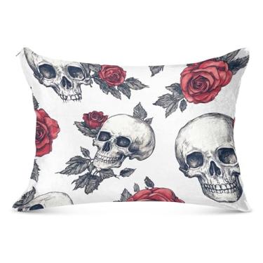 Imagem de Fronhas decorativas vintage caveira rosa branca com zíper impressão artística para travesseiro padrão Queen King fronha presente decoração de cama, tamanho padrão, 50,8 cm x 66 cm