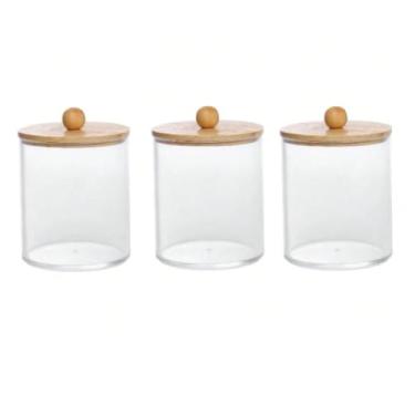 Imagem de Organizador Triplo de Acrílico Transparente com Tampa de Bambu, Porta Algodão para Cotonetes e Discos de Algodão, Ideal para Banheiro e Maquiagem