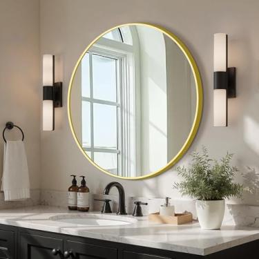 Imagem de Espelho de banheiro redondo para parede, espelhos de banheiro circulares de 56 cm para pia, moldura de metal circular moderna para penteadeira, entrada, quarto, sala de estar (ouro)