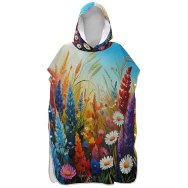 Imagem de Joisal Roupão de mudança para adultos, poncho de surf, praia, banho com capuz, secagem rápida, poncho masculino com capuz, flor colorida, desenho animado, flor, azul