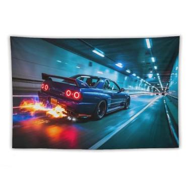 Imagem de HouLaiZhe JDM Tapeçaria de carro Jdm Car R32 que lança chamas em alta velocidade para pendurar na parede quarto decoração de casa tapeçarias estética piquenique decoração de parede arte de parede para
