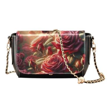 Imagem de GAIGEO Bolsa feminina de couro pintada de azul e rosa, bolsas transversais de couro para mulheres, Linda rosa vermelha vintage, One Size