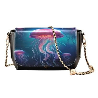 Imagem de Bolsa de couro feita à mão com zíper para arte natalina, bolsas de couro transversais para mulheres, Água-viva azul no oceano com luzes neon - 2, One Size