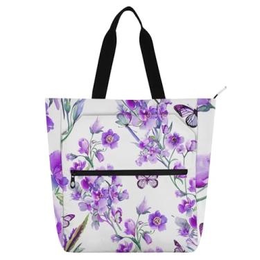 Imagem de GAIGEO Sacola feminina aquarela flores roxas borboletas para trabalho lona faculdade escola bolsa carteiro bolsa carteiro com compartimentos