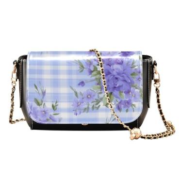 Imagem de GAIGEO Bolsa tiracolo de couro preto e branco quadriculada com flores, bolsa tiracolo de couro com fivela, Flores azuis e folhas verdes em xadrez azul - 2, One Size