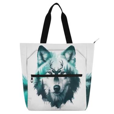 Imagem de GAIGEO Sacola feminina de trabalho de cervo floresta, lobo, aquarela, lona, zíper, bolsa de praia, bolsa feminina infantil com compartimentos