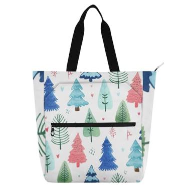 Imagem de Sacolas femininas brancas para trabalho com árvores de Natal em aquarela com zíper, bolsas para professores, presente para amantes de livros
