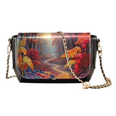 Imagem de Bolsa de ombro preta para chá e limões com bolsos, bolsas transversais femininas, bolsa de couro para mulheres a tiracolo, Cena de outono cheia de frutas e folhas-2, One Size