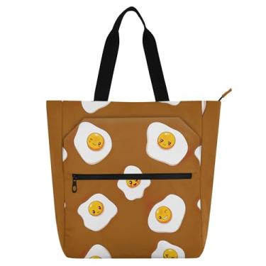 Imagem de GAIGEO Linda sacola marrom com caras de ovos fritos para crianças, mulheres, escola, trabalho, compras com compartimentos com zíper, bolsa reutilizável para livros
