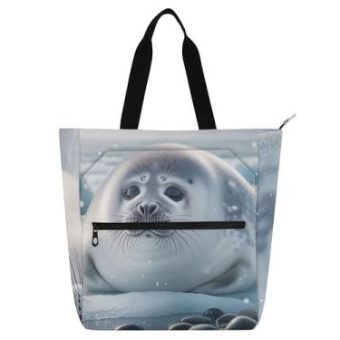 Imagem de Linda bolsa de trabalho com estampa animal de selo para mulheres, bolsa de lona para escola, praia, escola, professores, livros, presentes