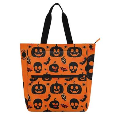 Imagem de GAIGEO Bolsa feminina de Halloween Pumpkins caveira laranja para trabalho, lona, escola, bolsa com zíper, linda bolsa infantil com compartimentos