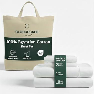 Imagem de Jogo de cama king size de algodão egípcio de camada dupla Cloud Scape Linen – Tecido acetinado de fibra longa, conjunto de cama macio de qualidade hoteleira de 4 peças, bolsos profundos de até 41 cm