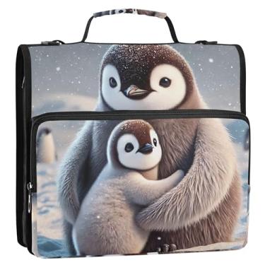 Imagem de Fichário organizador com zíper, pinguins fofos, fichários de 3,8 cm, fichário colorido com alça de ombro para armazenamento escolar, estojo com alça