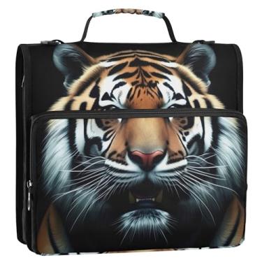 Imagem de Fichário de 3 anéis com estampa animal de rosto de tigre 3 cm bolsa organizadora de fichário com zíper resistente, bolsa escolar com alça de ombro, vários bolsos, pasta grande para portfólio