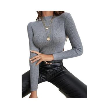 Imagem de Suéter Feminino Cinza Slim Fit De Tricô Manga Longa Gola Alta Casual L