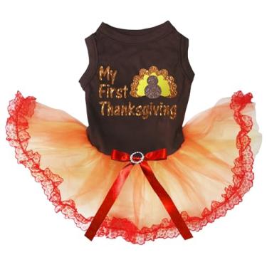 Imagem de Petitebella Vestido para cachorro My First Thanksgiving Turkey (renda marrom/laranja, pequeno)