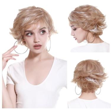 Imagem de Perucas Curtas Curtas Femininas Sintética Corte Pixie Bob Peruca com Franjas Falsas Camadas Desgrenhadas Peruca para Mulheres Loiras Douradas