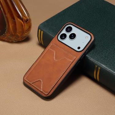 Imagem de HTVJFXCapa de couro lisa para iPhone 15 Pro com compartimento magnético para cartão e suporte invisível na parte traseira (para iPhone 15 Pro/marrom)