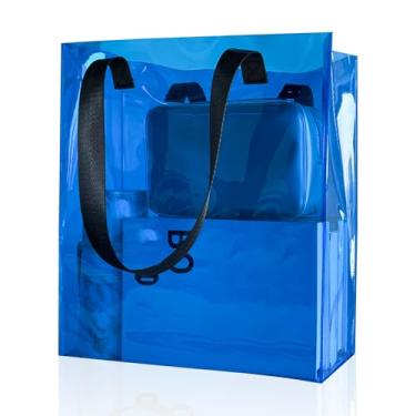Imagem de TotePrint Sacola de plástico de PVC rosa com alças aprovada em estádio a granel bolsa de praia transparente para mulheres, esportes, jogos, trabalho, viagem, academia, Azul, Large