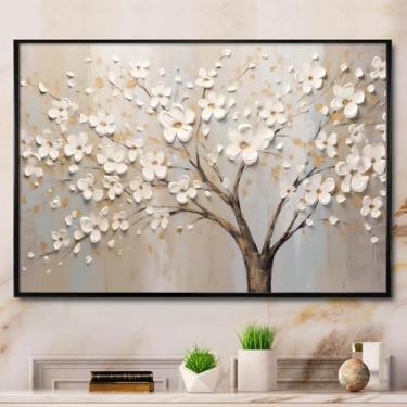 Imagem de Arte de parede em tela de flor de ameixa pintura a óleo de flor branca moderna arte abstrata flor de ameixa abstrata impressão de árvore imagens brancas texturizadas branco e bege arte de parede para