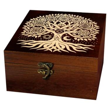 Imagem de arricraft 1 caixa de armazenamento de lembrança de madeira, padrão de árvore de chacra mágico, sol e lua, caixa de cartão quadrada de tarô de pinheiro para armazenamento de joias de aniversário (12 x