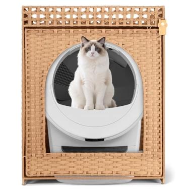 Imagem de Klippehop Caixa de areia para gatos autolimpante, caixa de areia oculta extragrande XXL armário de móveis, caixa de areia fechada à prova de cães de rattan PE feita à mão, cabe na maioria das caixas