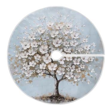 Imagem de Wassud Saia de árvore de Natal branca flor de cerejeira ornamentos de natal decoração de árvores tapete de árvore para decoração de festa de ano novo 90 cm