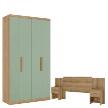 Imagem de Guarda Roupa Solteiro Milan 4 Portas Capuccino Menta Acetinado e Cabec