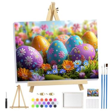 Imagem de MOGTAA Kit de pintura de ovos de Páscoa por números para adultos iniciantes com moldura, kits de pintura por números de flores para adultos em tela com cavalete, kits de pintura a óleo DIY fáceis para