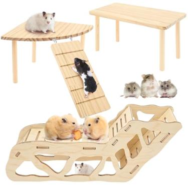 Imagem de Jogo de 3 peças, plataforma de madeira para hamster, escada de túnel com colunas de suporte de madeira, suporte de brincar para animais de estimação pequenos, esquilo de chinchila porquinho-da-índia