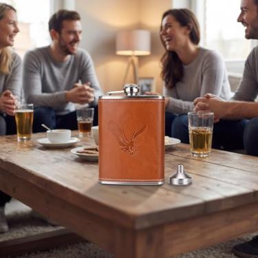 Imagem de 1 cantil de couro com funil - resistente a vazamentos - aço inoxidável bolso hip cantil com capa de couro marrom para adultos (Wampee)