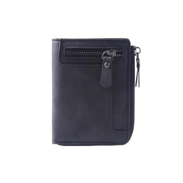 Imagem de Carteira masculina de couro curta feita à mão com fecho de zíper, vários compartimentos para cartões, bolso para moedas, bloqueio de RFID, carteira dupla compacta para uso diário e presente, Preto