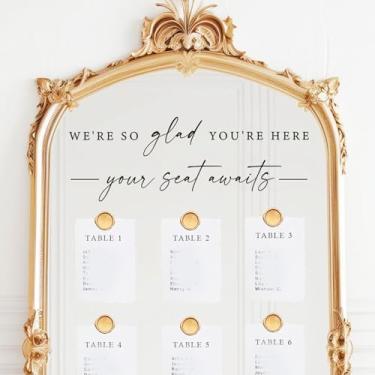 Imagem de JarThenaAMCS Adesivos espelhados para quadro de assentos de casamento We' re So Glad You' re Here Letras removíveis decalques de vinil para placa de janela de vidro decoração de casamento, preto