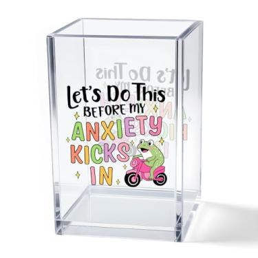 Imagem de Vgrti Let's Do This Before My Anxiety Kicks in Copo de acrílico para caneta, organizador de mesa de sapo engraçado para decoração de escritório, presentes para amantes de sapos, presentes de trabalho