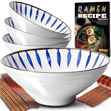 Imagem de YTLEMON Conjunto de 4 tigelas de cerâmica para ramen - Porcelana Japonesa Salada Noodles Cereais Frutas Massa Sopa Tigelas Grandes 4 × 1000 ml 1000 ml com Receitas Pauzinhos, Garfos e Colheres para
