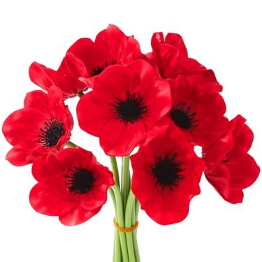 Imagem de Ovveroche 10 peças de flores de papoula artificiais vermelhas, caules florais de poliuretano, toque real, seda, como casamento, memorial, dia de casamento, buquê, centros de mesa, arranjos de casa
